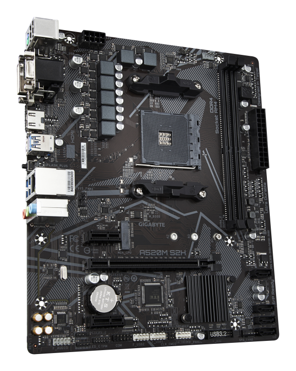 GIGABYTE Placa base A520M S2H - Soporta CPUs AMD Ryzen serie 5000 AM4. VRM digital puro de 4+3 fases. hasta 5100MHz DDR4 (OC). PCIe 3.0 x4 M.2. LAN GbE. USB 3.2 Gen 1 - detalle