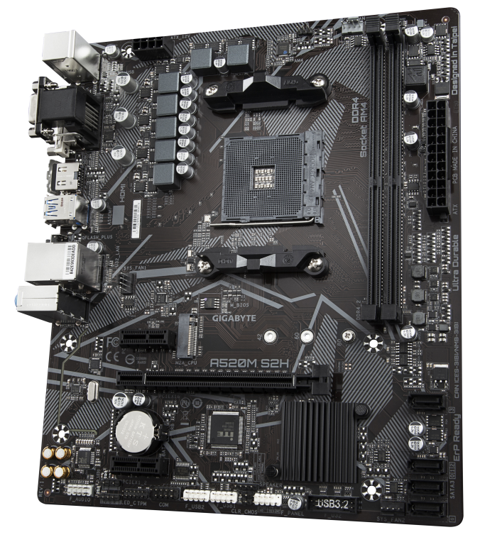 GIGABYTE Placa base A520M S2H - Soporta CPUs AMD Ryzen serie 5000 AM4. VRM digital puro de 4+3 fases. hasta 5100MHz DDR4 (OC). PCIe 3.0 x4 M.2. LAN GbE. USB 3.2 Gen 1 - detalle