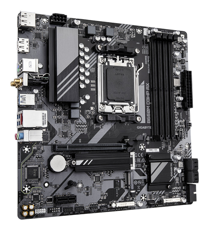 Placa base GIGABYTE B650M D3HP AX - Serie AMD Ryzen 9000. VRM de fases 5+2+2. DDR5 (OC) de ata 8000 MHz. 2 PCIe 4.0 M.2. WIFI 6E. LAN de 2,5 GbE. USB 3.2 Gen 1.
