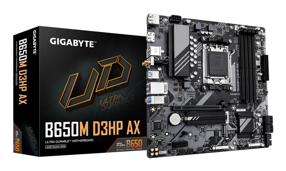 Placa base GIGABYTE B650M D3HP AX - Serie AMD Ryzen 9000. VRM de fases 5+2+2. DDR5 (OC) de ata 8000 MHz. 2 PCIe 4.0 M.2. WIFI 6E. LAN de 2,5 GbE. USB 3.2 Gen 1.