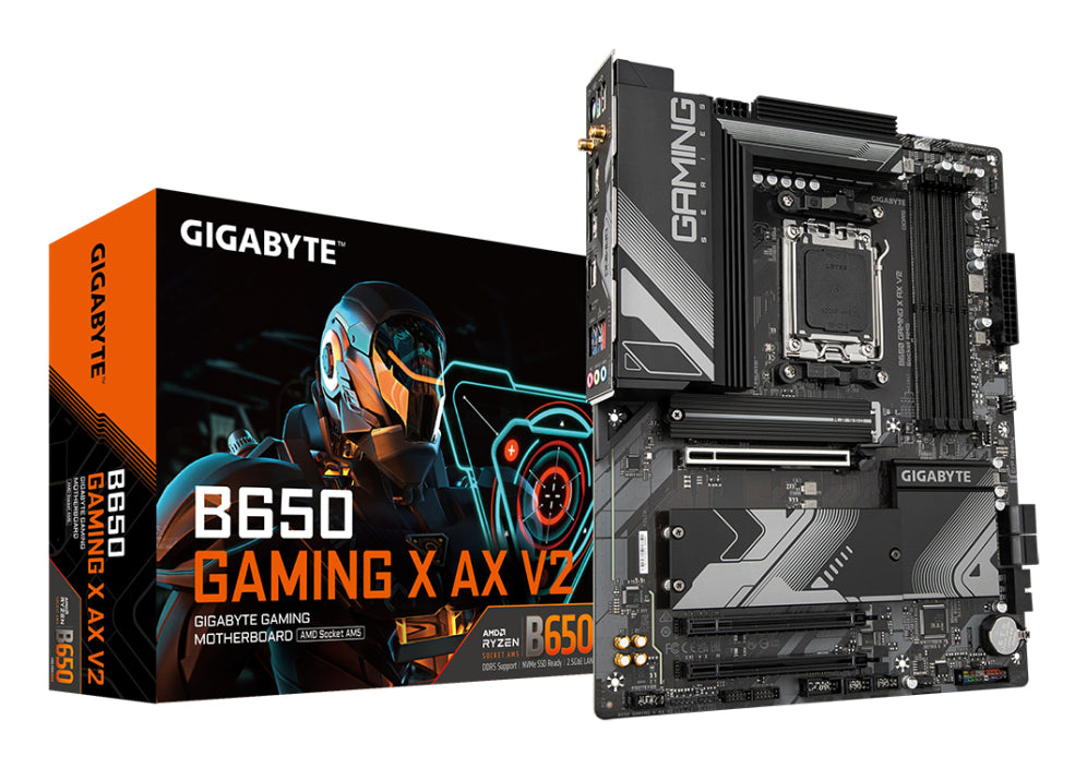 Placa base GIGABYTE B650 GAMING X AX V2 - Serie AMD Ryzen 9000. VRM de fases 8+2+2. DDR5 (OC) de ata 8000 MHz. 1xPCIe 5.0 + 2xPCIe 4.0 M.2. LAN de 2,5 GbE. WIFI 6E. USB 3.2 Gen 2.