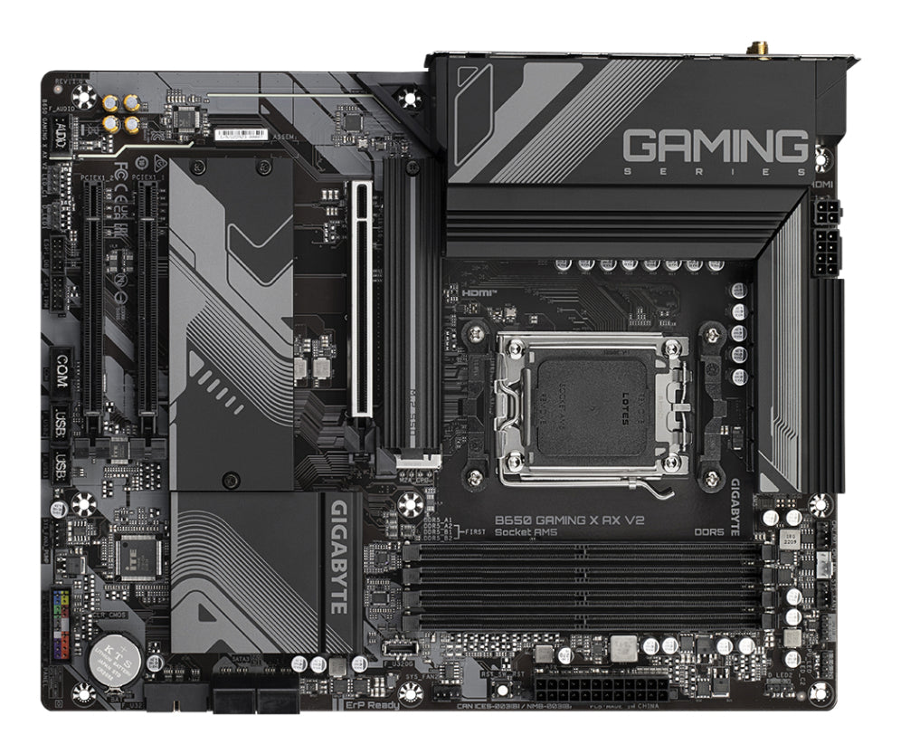 Placa base GIGABYTE B650 GAMING X AX V2 - Serie AMD Ryzen 9000. VRM de fases 8+2+2. DDR5 (OC) de ata 8000 MHz. 1xPCIe 5.0 + 2xPCIe 4.0 M.2. LAN de 2,5 GbE. WIFI 6E. USB 3.2 Gen 2.