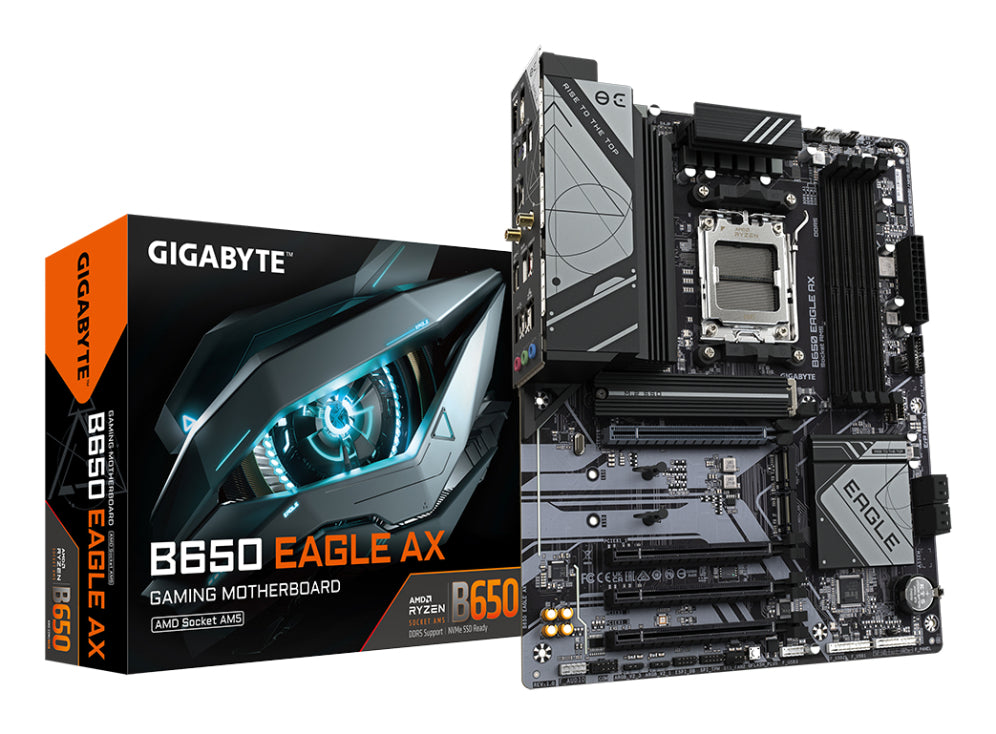 GIGABYTE B650 EAGLE AX Placa base - AMD Ryzen sèrie 9000. VRM de 12+2+2 fases. fins a 7600 MHz DDR5 (OC). 1xPCIe 5.0 + 2xPCIe 4.0 M.2. LAN GbE. WIFI 6E. USB 3.2 Gen 2