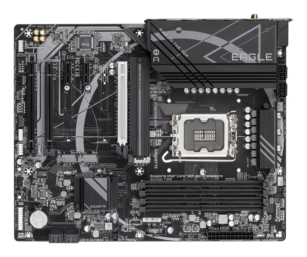 GIGABYTE Z790 EAGLE AX Placa base - Suporta CPU Intel Core de 14a generació. VRM digital de 12+1+1 fases. fins a 7600MHz DDR5 (OC). 3xPCIe 4.0 M.2. Wi-Fi 6E. LAN de 2.5GbE. USB 3.2 Gen 2