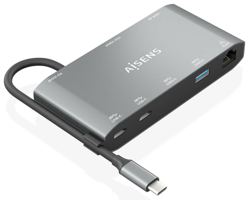 AISENS USB-C Dock 8 en 1. USB-C a 1xHDMI. 1xVGA. 1xRJ45. 2xUSB-A. 2xUSB-C 5G. 1xUSB-C PD. Gris. 20 cm - detalle