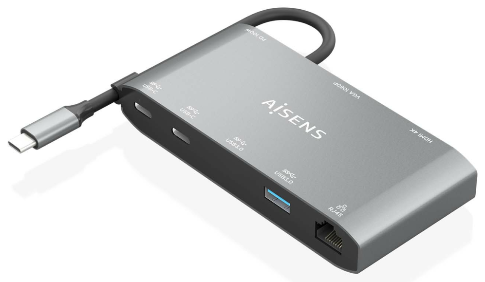 AISENS USB-C Dock 8 en 1. USB-C a 1xHDMI. 1xVGA. 1xRJ45. 2xUSB-A. 2xUSB-C 5G. 1xUSB-C PD. Gris. 20 cm - detalle