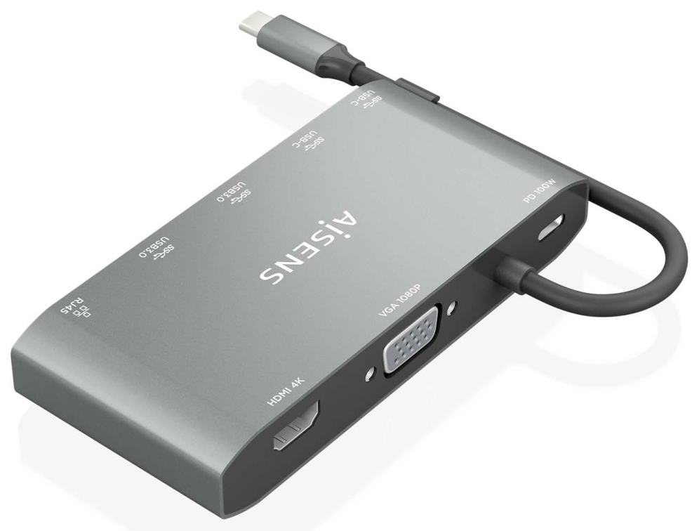 AISENS USB-C Dock 8 en 1. USB-C a 1xHDMI. 1xVGA. 1xRJ45. 2xUSB-A. 2xUSB-C 5G. 1xUSB-C PD. Gris. 20 cm - detalle