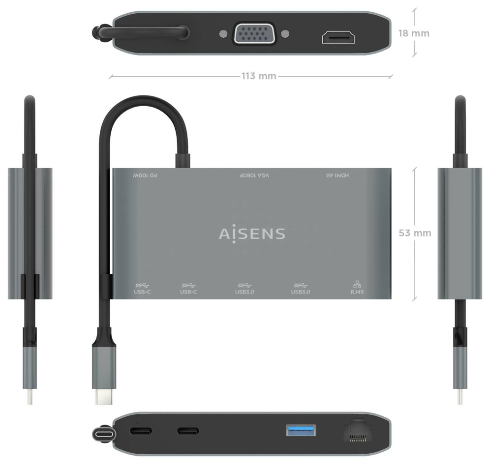 AISENS USB-C Dock 8 en 1. USB-C a 1xHDMI. 1xVGA. 1xRJ45. 2xUSB-A. 2xUSB-C 5G. 1xUSB-C PD. Gris. 20 cm - detalle