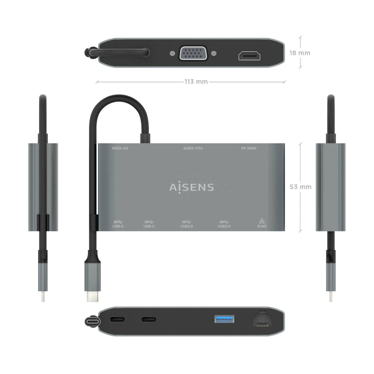 AISENS ASUC-8P010-GR base para portátil y replicador de puertos Alámbrico USB 3.2 Gen 1 (3.1 Gen 1) Type-C