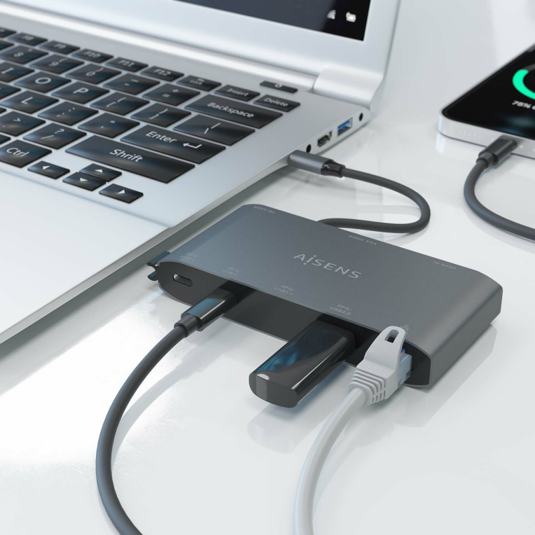 AISENS USB-C Dock 8 en 1. USB-C a 1xHDMI. 1xVGA. 1xRJ45. 2xUSB-A. 2xUSB-C 5G. 1xUSB-C PD. Gris. 20 cm - detalle