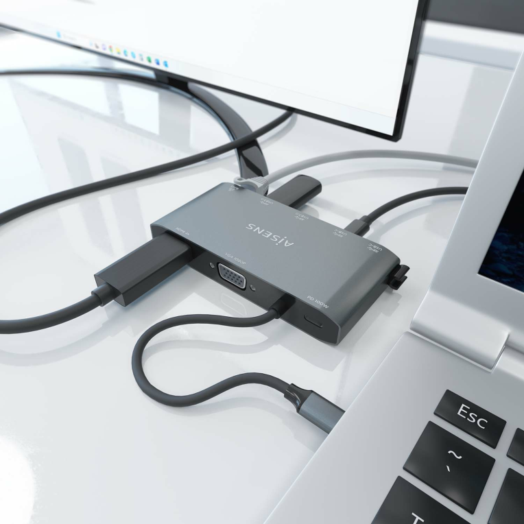 AISENS USB-C Dock 8 en 1. USB-C a 1xHDMI. 1xVGA. 1xRJ45. 2xUSB-A. 2xUSB-C 5G. 1xUSB-C PD. Gris. 20 cm - detalle