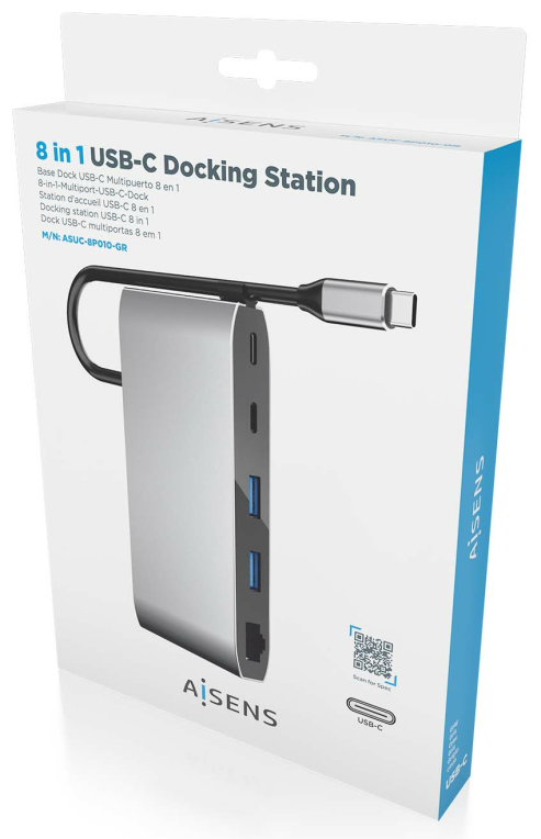 AISENS USB-C Dock 8 en 1. USB-C a 1xHDMI. 1xVGA. 1xRJ45. 2xUSB-A. 2xUSB-C 5G. 1xUSB-C PD. Gris. 20 cm - detalle