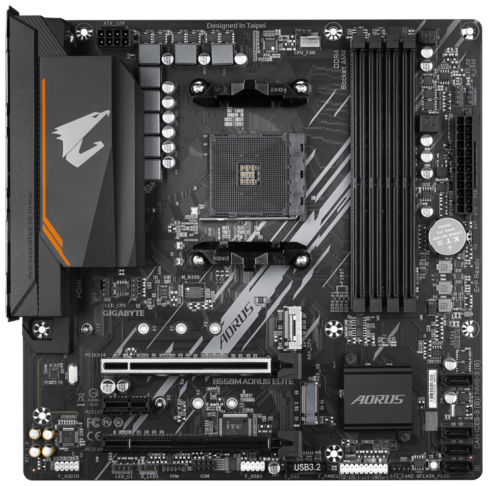 GIGABYTE B550M AORUS ELITE Placa base - Procesadores AMD Ryzen 5000. VRM de 5+3 fases. hasta 4733 MHz DDR4. 1xPCIe 4.0 + 1xPCIe 3.0 M.2. LAN 1GbE. USB 3.2 Gen 1 - detalle