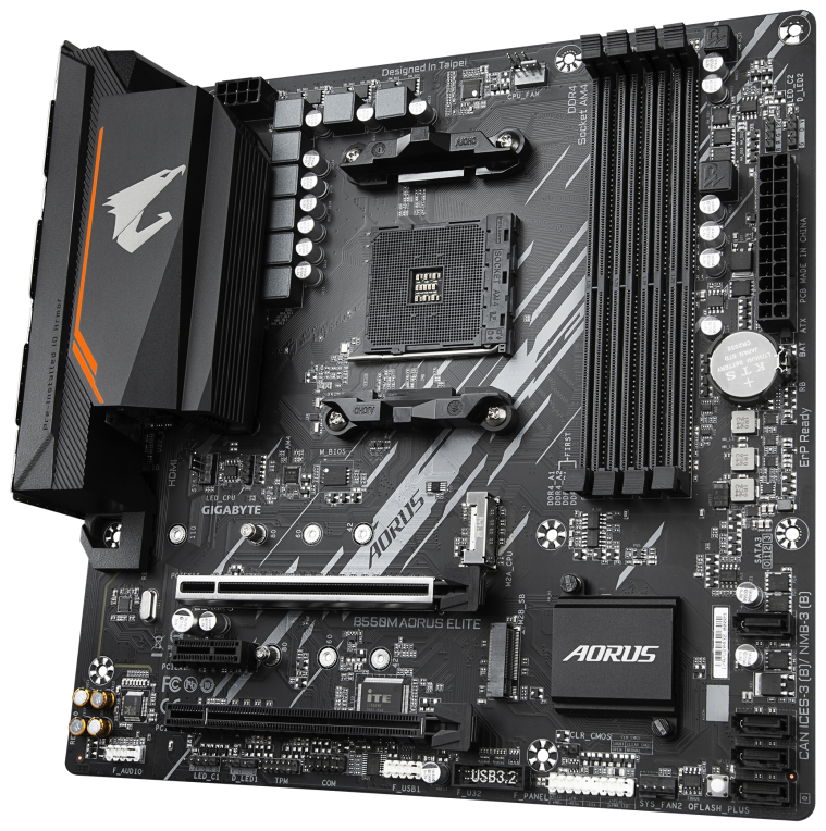 GIGABYTE B550M AORUS ELITE Placa base - Procesadores AMD Ryzen 5000. VRM de 5+3 fases. hasta 4733 MHz DDR4. 1xPCIe 4.0 + 1xPCIe 3.0 M.2. LAN 1GbE. USB 3.2 Gen 1 - detalle
