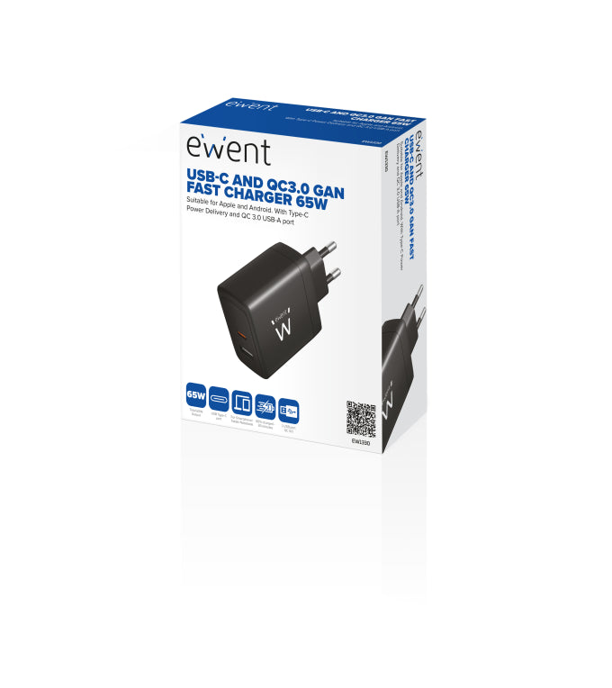 Cargador universal para dispositivos móbiles Ewent EW1330, negro, alimentación CA, carga rápida, interior