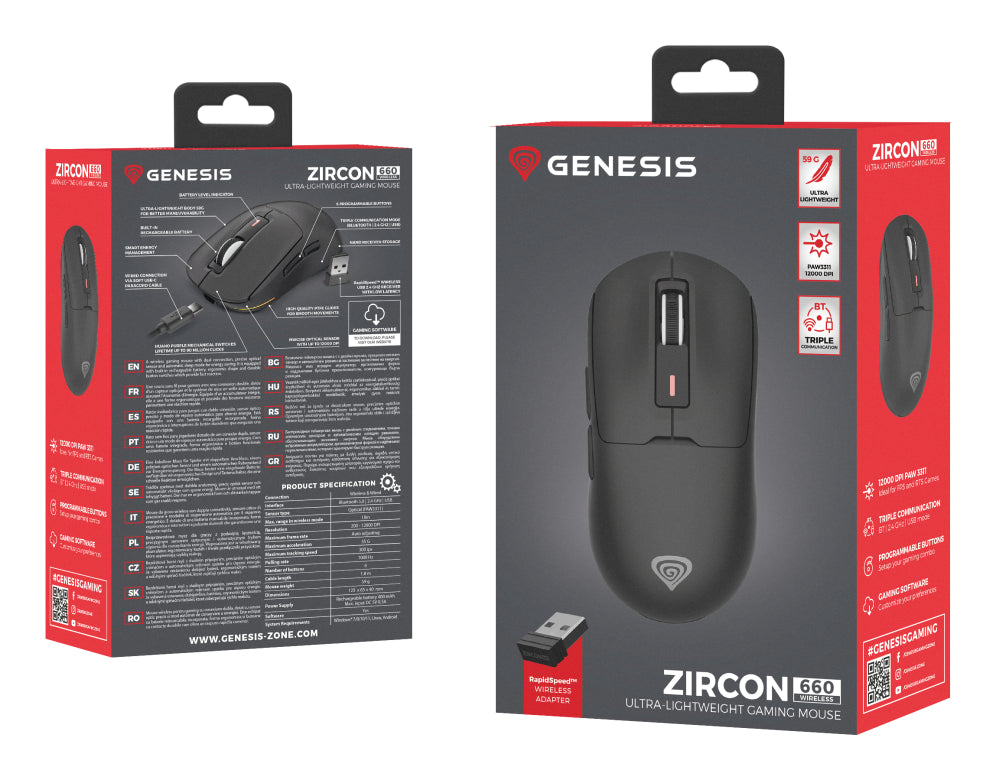 GENESIS Zircon 660 ratón Juego mano derecha RF Wireless + Bluetooth + USB Type-A Óptico 12000 DPI