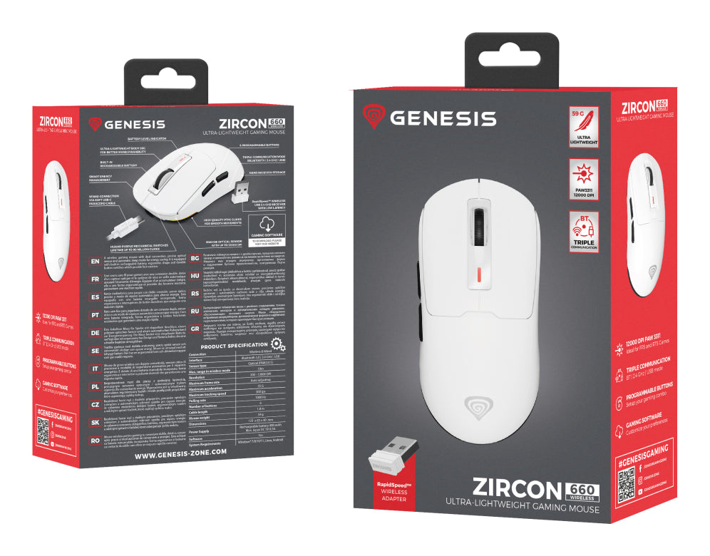 GENESIS Zircon 660 ratón Juego mano derecha RF Wireless + Bluetooth + USB Type-A Óptico 12000 DPI