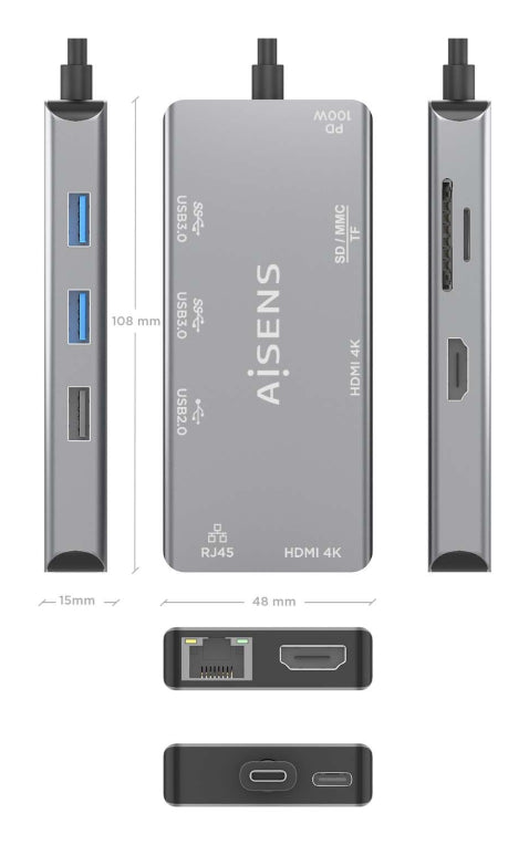 AISENS ASUC-9P018-GR base para portátil y replicador de puertos Alámbrico USB 3.2 Gen 1 (3.1 Gen 1) Type-C