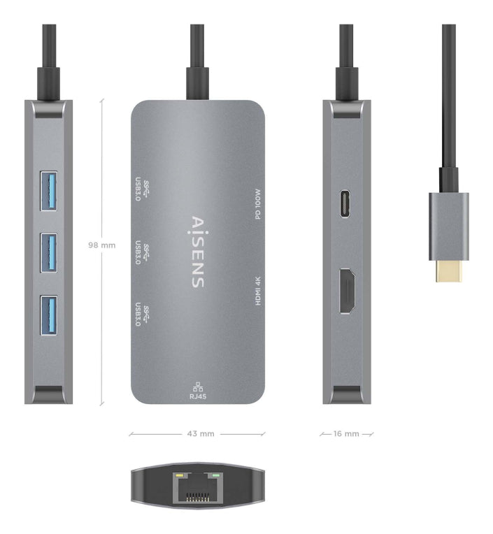 AISENS ASUC-6P019-GR base para portátil y replicador de puertos Alámbrico USB 3.2 Gen 1 (3.1 Gen 1) Type-C