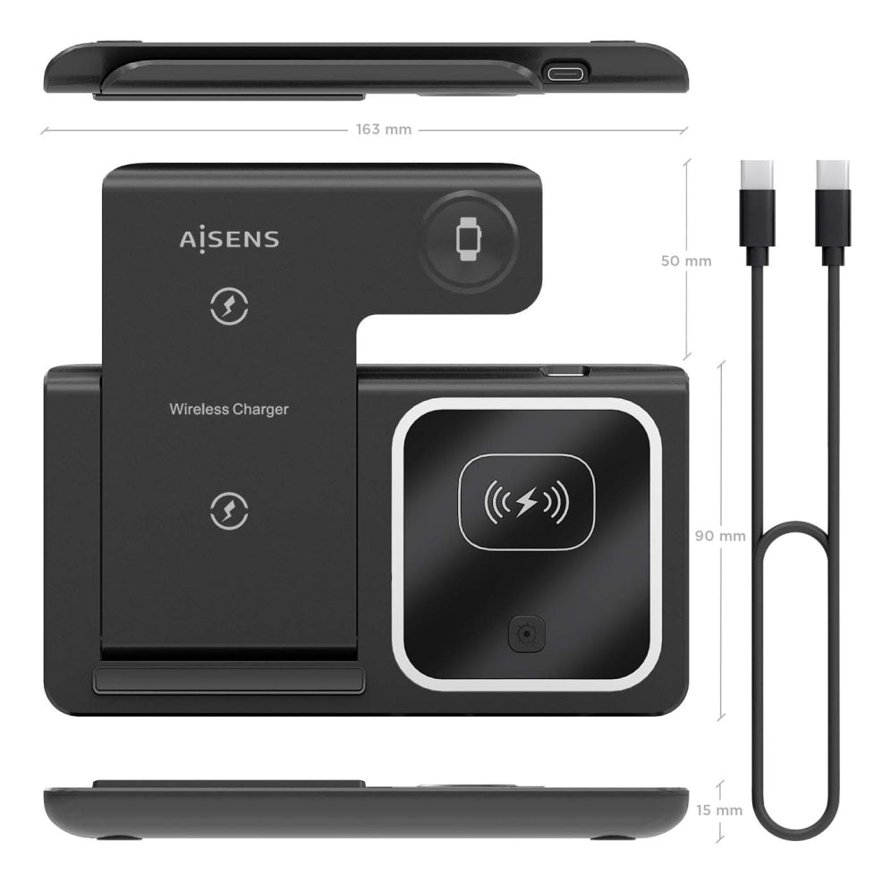 AISENS ASCH-15W3WC043-BK cargador de dispositivo móvil Auriculares. Teléfono móvil. Smartphone. Reloj inteligente Cargador inalámbrico Carga rápida Interior