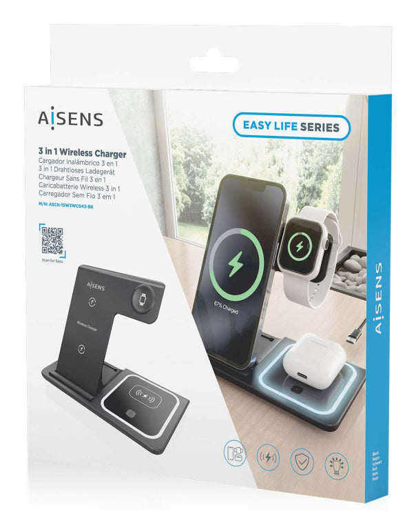 AISENS ASCH-15W3WC043-BK cargador de dispositivo móvil Auriculares. Teléfono móvil. Smartphone. Reloj inteligente Cargador inalámbrico Carga rápida Interior