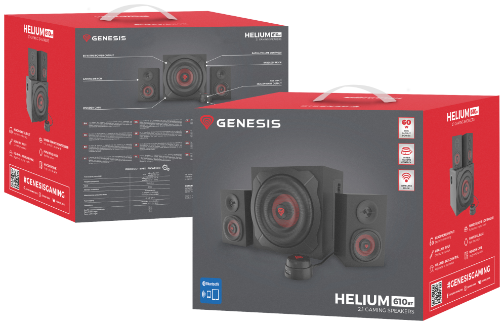 GENESIS Helium 610BT conjunto de altavoces 60 W PC/ordenador portátil Negro. Rojo 2.1 canales De 2 vías 30 W Bluetooth - detalle