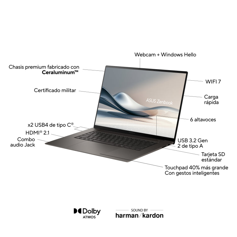 ASUS Zenbook S 16 OLED UM5606WA-RK320W Copilot+ PC - Ordenador Portátil 16" WQXGA+ 120Hz (AMD Ryzen AI 9 370. 32GB RAM. 1TB SSD. Radeon 890M. Windows 11 Home) Gris Zumaia - Teclado QWERTY español