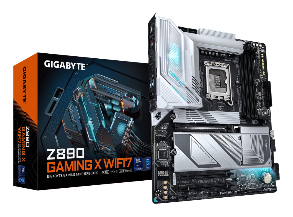 Placa base GIGABYTE Z890 GAMING X WIFI7: compatible con CPU Intel Core Ultra (serie 2). VRM de 16+1+2 fases. DDR5 (OC) de ata 8800 MHz. 1 PCIe 5.0 + 3 PCIe 4.0. Wi-Fi 7. LAN de 2,5 GbE. USB 4.0