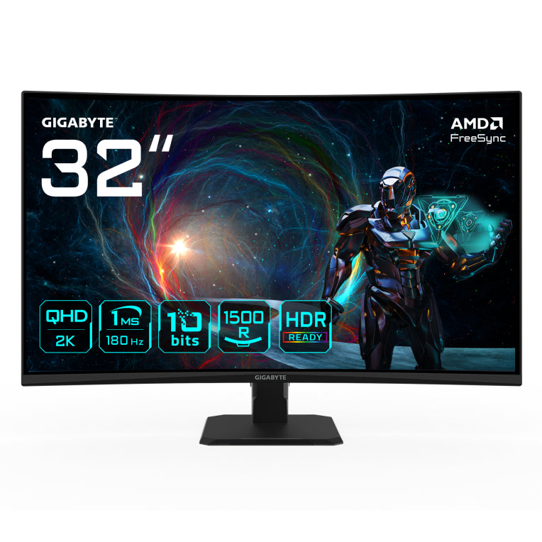 Monitor de xogos curvo QHD GIGABYTE GS32QCA de 31,5 polgadas: 2560 x 1440, 180 Hz, 1 ms, 250 cd/m², FreeSync, compatible con HDR, HDMI 2.0, DisplayPort 1.4