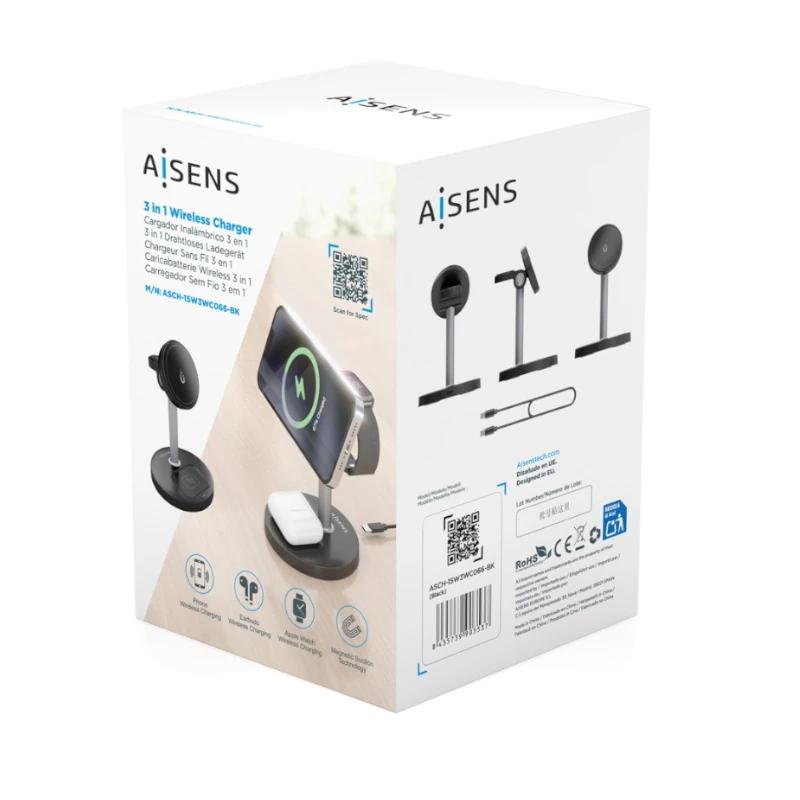 Aisens Cargador Inalámbrico USBC 15W 3 en 1 Negro