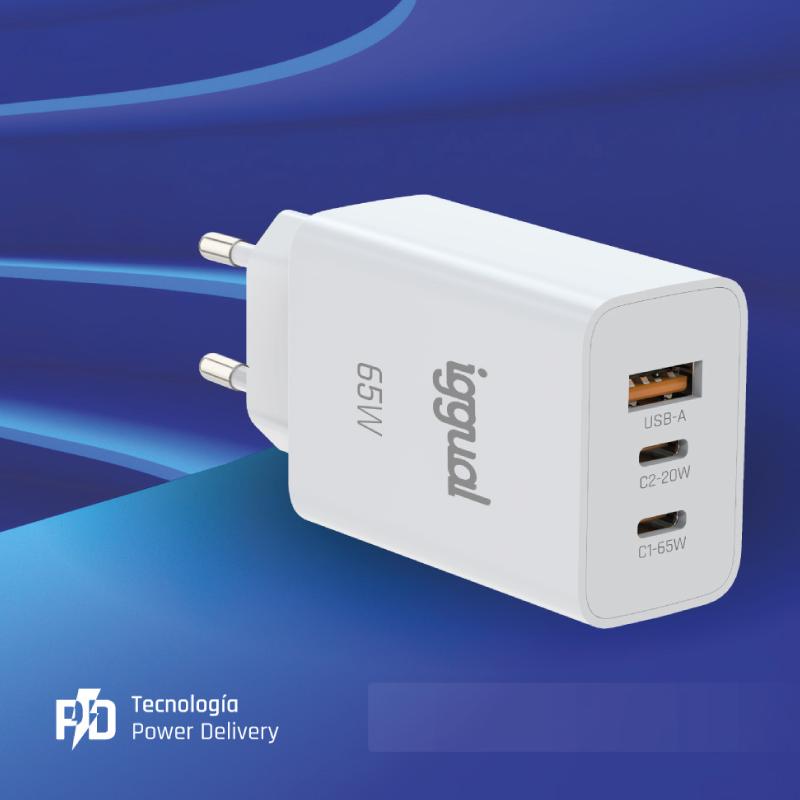 iggual Cargador triple USB-A + 2 x tipo C GaN 65W - detalle