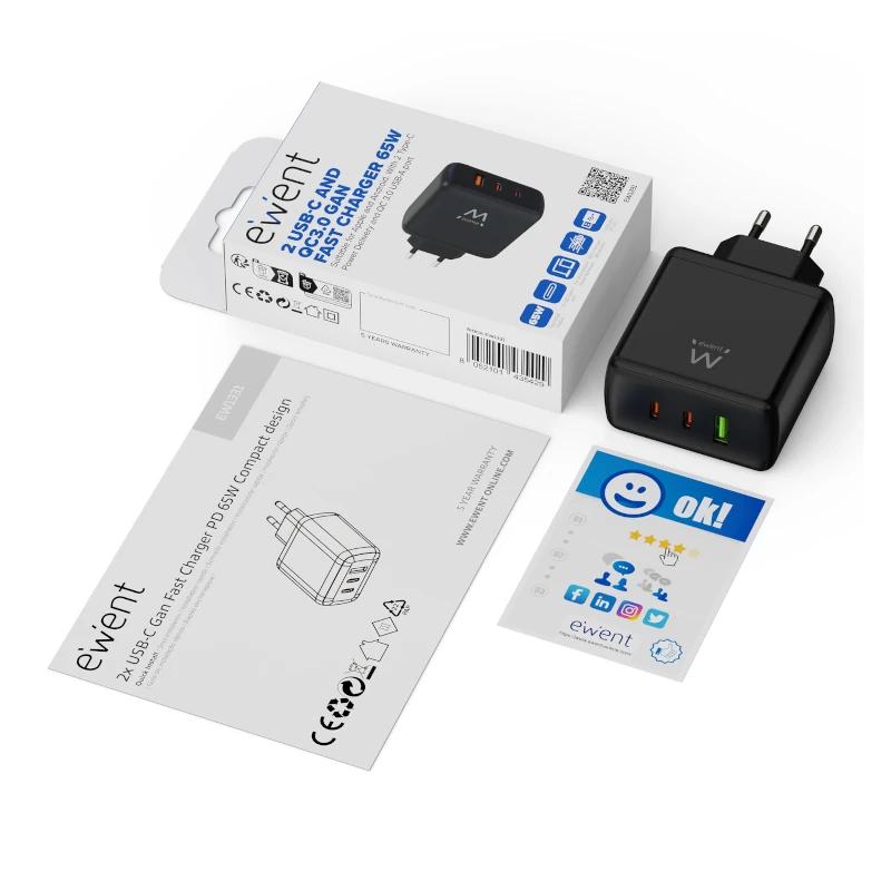 EWENT Cargador Gan Fast 65W 2 USB-C PD-1USB-A QC - detalle