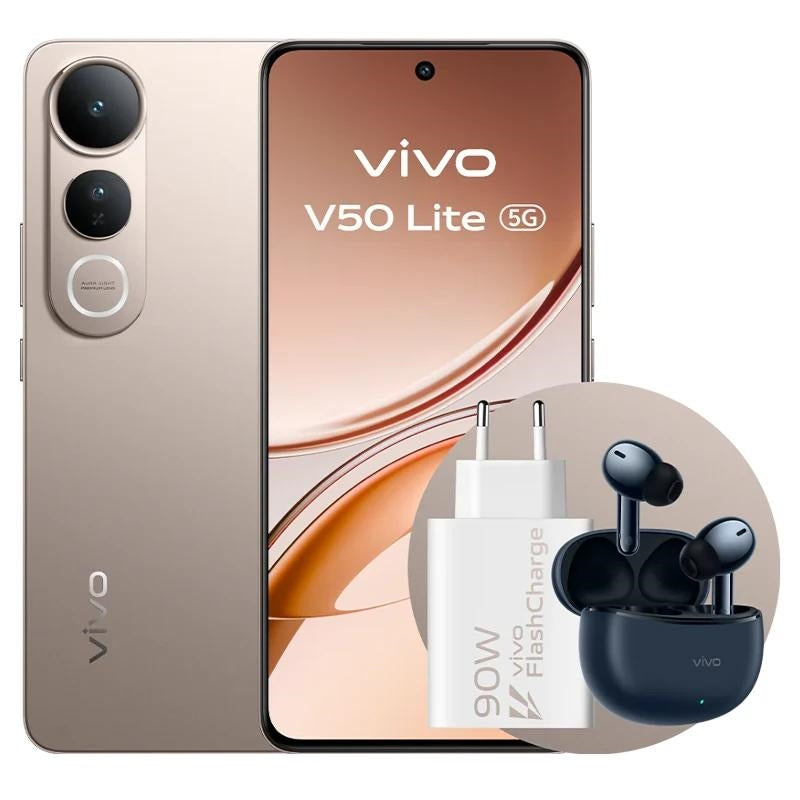Paquete dourado do VIVO V50 Lite 5G de 6,77" e 8 GB de RAM, 256 GB 