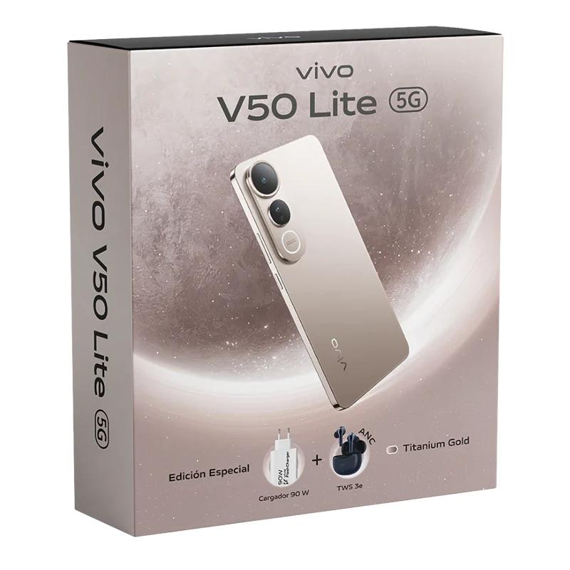 Paquete dourado do VIVO V50 Lite 5G de 6,77" e 8 GB de RAM, 256 GB 