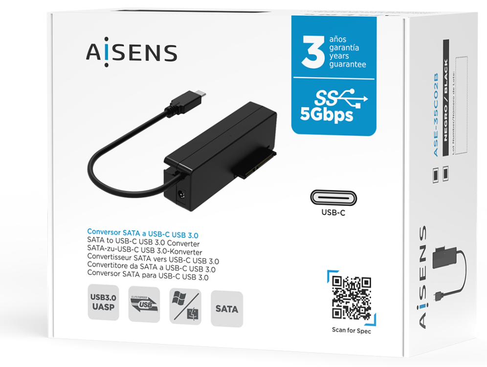 ADAPTADOR AISENS SATA A USB-C USB 3.0 3.1 GEN1 2.5" 3.5" NEGRO - detalle