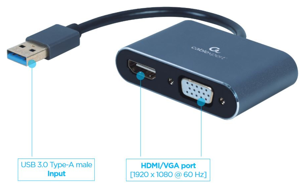 ADAPTADOR DE PANTALLA GEMBIRD USB A HDMI , VGA, GRIS ESPACIAL - detalle
