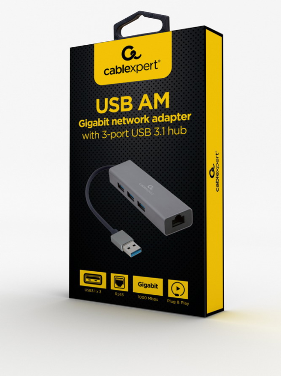 ADAPTADOR DE RED GEMBIRD USB AM GIGABIT CON HUB DE 3 PUERTOS USB 3.0 - detalle