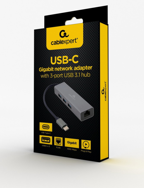 ADAPTADOR DE RED GEMBIRD USB-C GIGABIT CON CONCENTRADOR USB 3.1 DE 3 PUERTOS - detalle