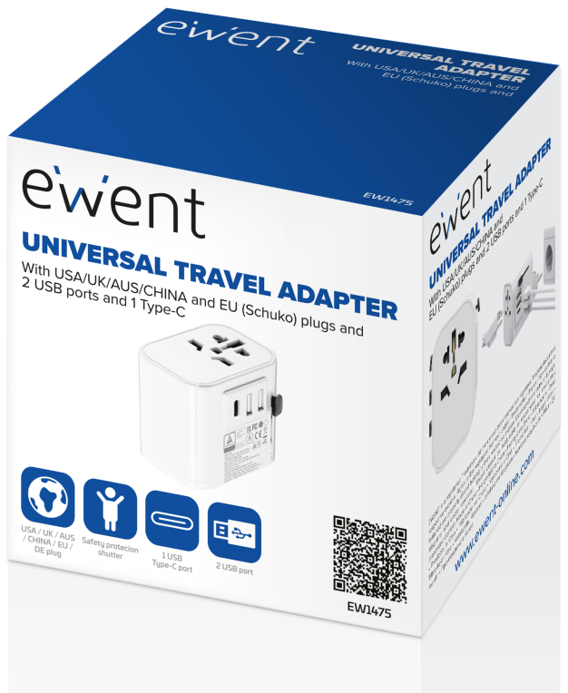 ADAPTADOR DE VIAJE EWENT 2 PUERTOS USB Y TIPO-C USA/UK/AUS/CHINA - detalle