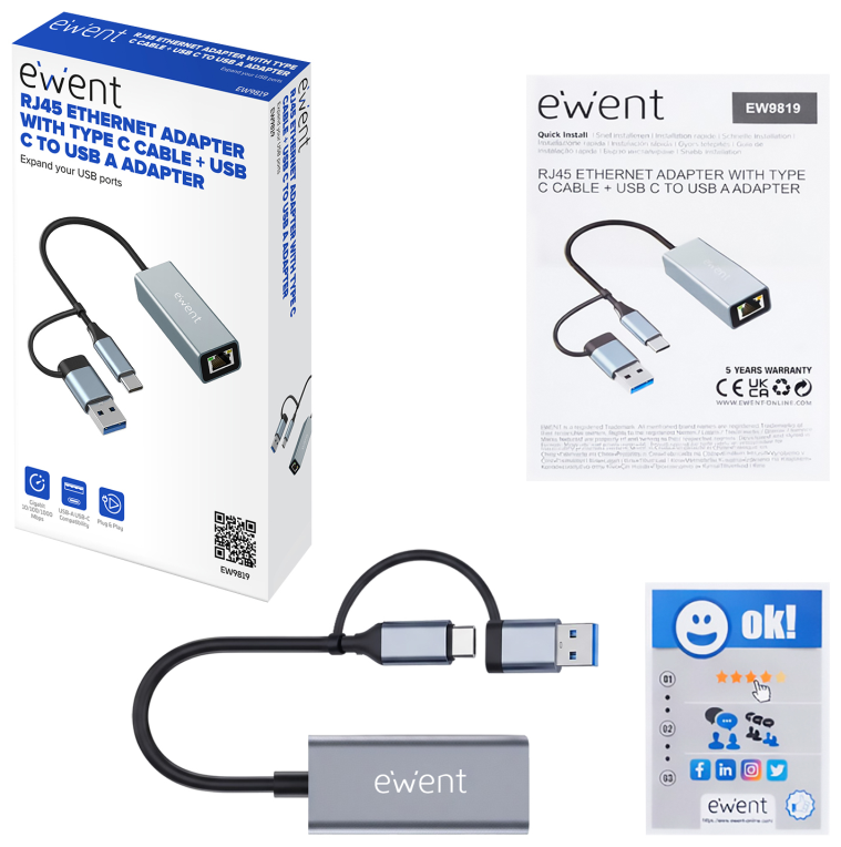 ADAPTADOR ETHERNET EWENT EW9819 RJ45 USB-C USB-A GIGABIT 1000MBPS - detalle