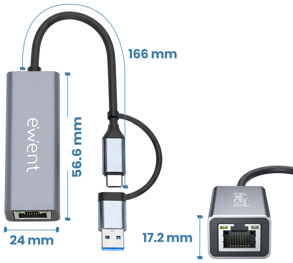 ADAPTADOR ETHERNET EWENT EW9819 RJ45 USB-C USB-A GIGABIT 1000MBPS - detalle