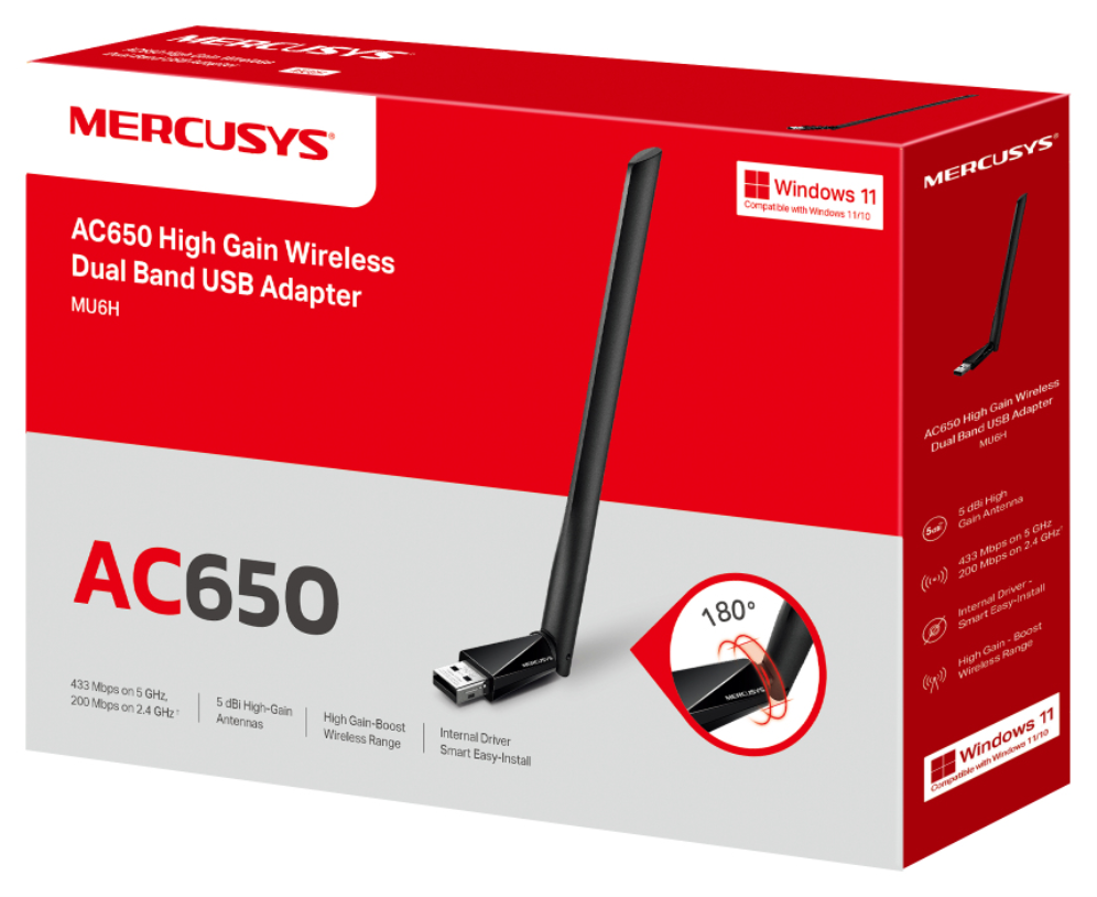 ADAPTADOR MERCUSYS AC650 HIGH GAIN WIRELESS DUAL BAND USB ADAPATER - detalle
