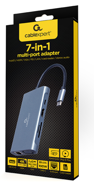 ADAPTADOR MULTIP GEMBIRD USBC 7EN1 HUB3.0,HDMI,VGA,PD,LECTOR TARJETAS,AUDIOGRIS - detalle