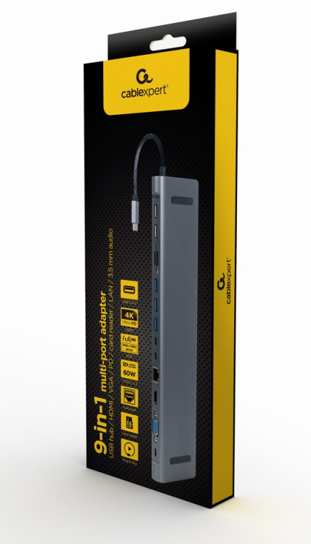ADAPTADOR MULTIPUERTO GEMBIRD USBC 9EN1 HUB,HDMI,VGA,PD,LECTOR,LAN,AUDIO3,5 - detalle
