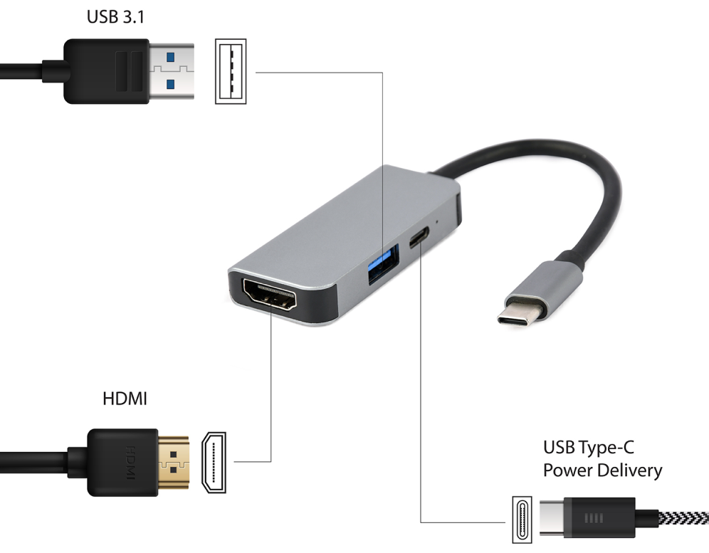 ADAPTADOR MULTIPUERTO USB TIPO C 3 EN 1 PUERTO USB HDMI PD PLATA - detalle