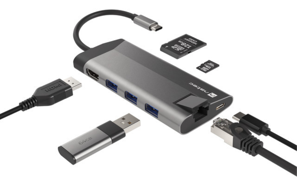 ADAPTADOR NATEC FOWLER PLUS USB-C->3XUSB 3.0,HDMI 4K,USB-C PD,RJ45,SD,MSD - detalle