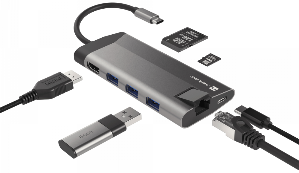 ADAPTADOR NATEC FOWLER PLUS USB-C->3XUSB 3.0,HDMI 4K,USB-C PD,RJ45,SD,MSD - detalle