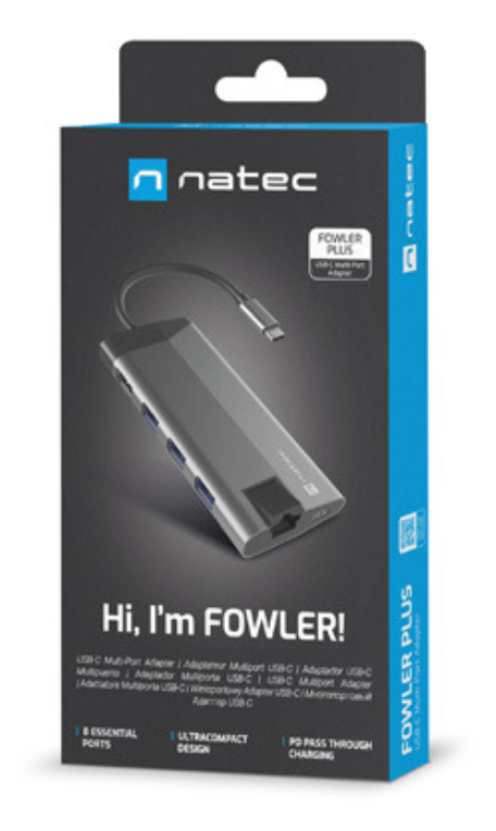 ADAPTADOR NATEC FOWLER PLUS USB-C->3XUSB 3.0,HDMI 4K,USB-C PD,RJ45,SD,MSD - detalle