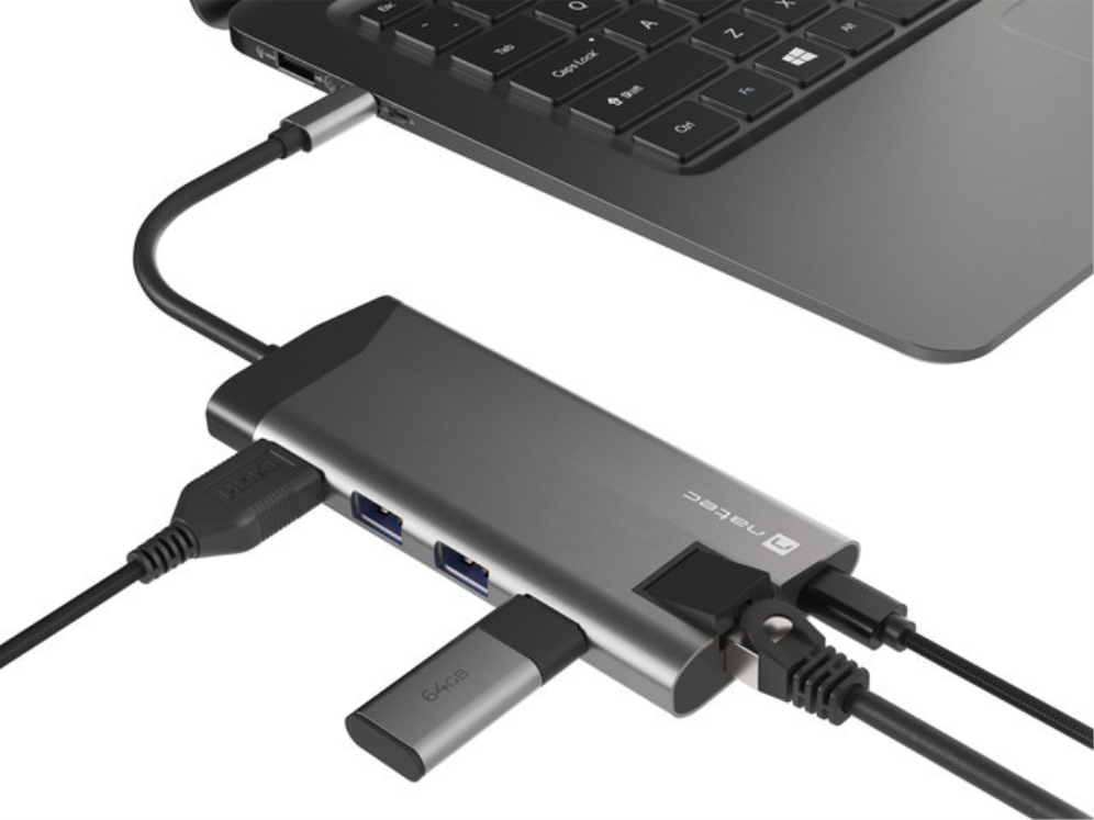 ADAPTADOR NATEC FOWLER PLUS USB-C->3XUSB 3.0,HDMI 4K,USB-C PD,RJ45,SD,MSD - detalle