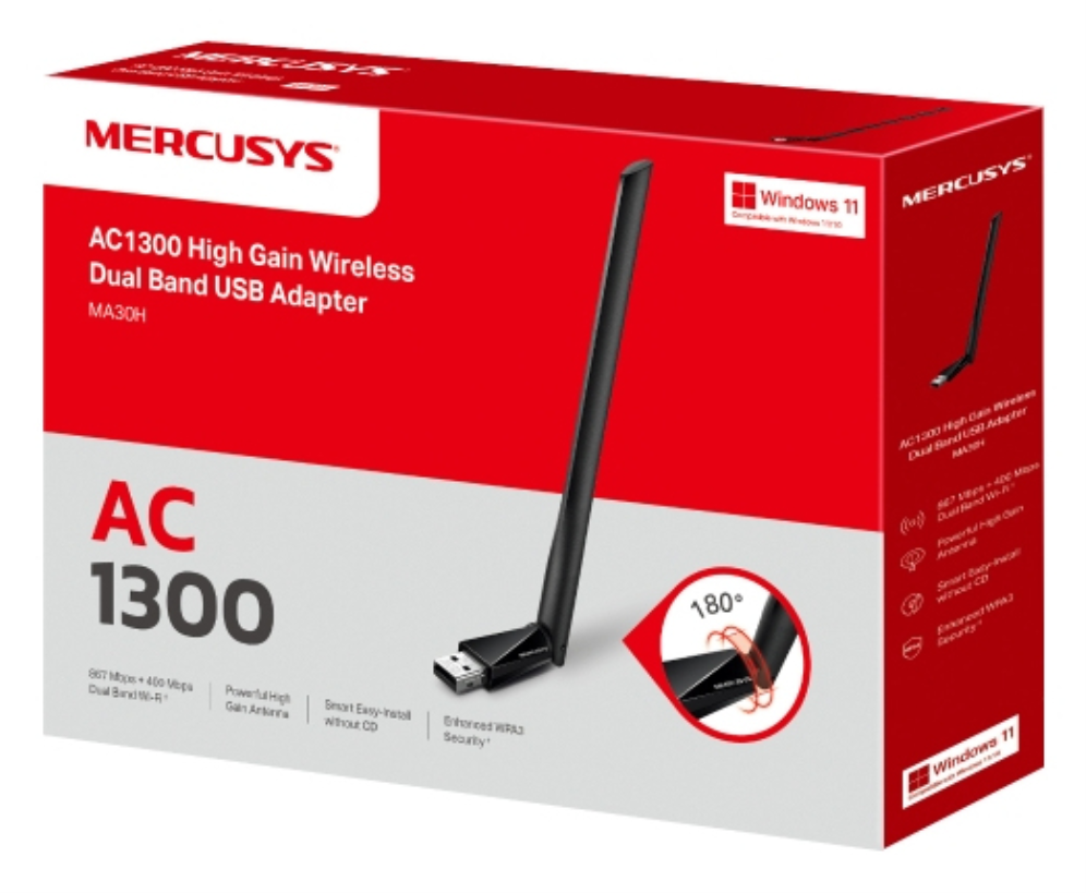 ADAPTADOR RED MERCUSYS AC1300 HIGH GAIN WIFI USB - detalle